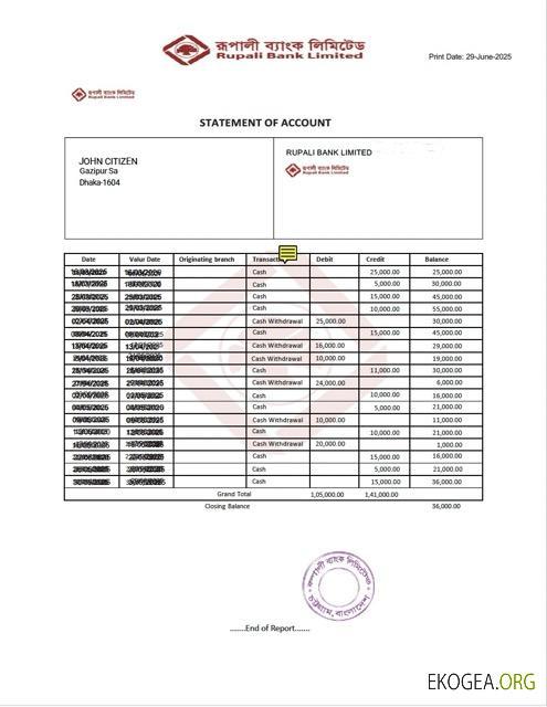 Bangladesh Rupali Bank relevé de compte Modèle Word et PDF